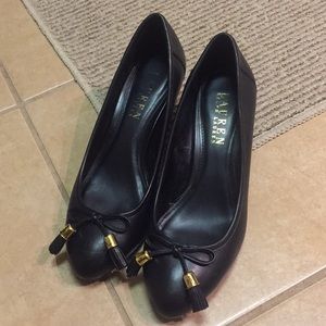 Ralph lauren black leather low wedge shoes 7